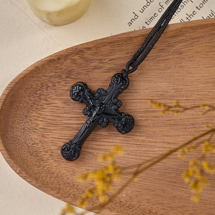 Christianartworkshop Classic Style Crafted Obsidian Crucifix Pendant Necklace - image 6