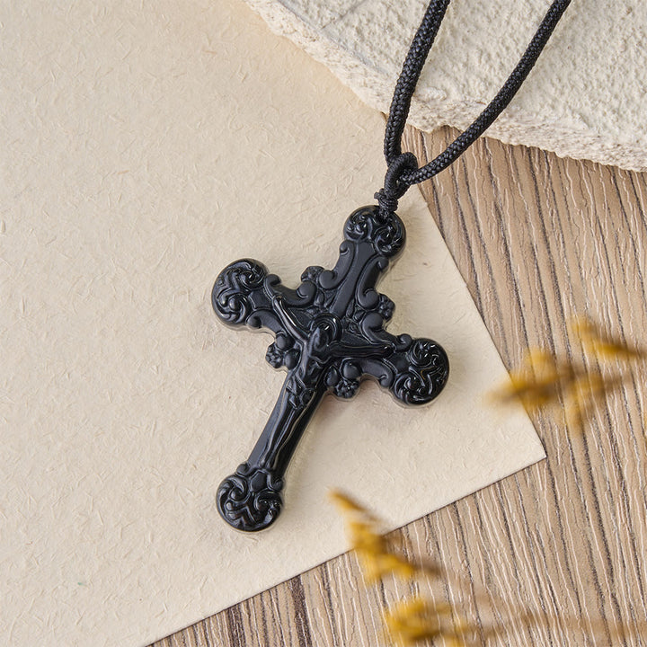 Christianartworkshop Classic Style Crafted Obsidian Crucifix Pendant Necklace - image 3