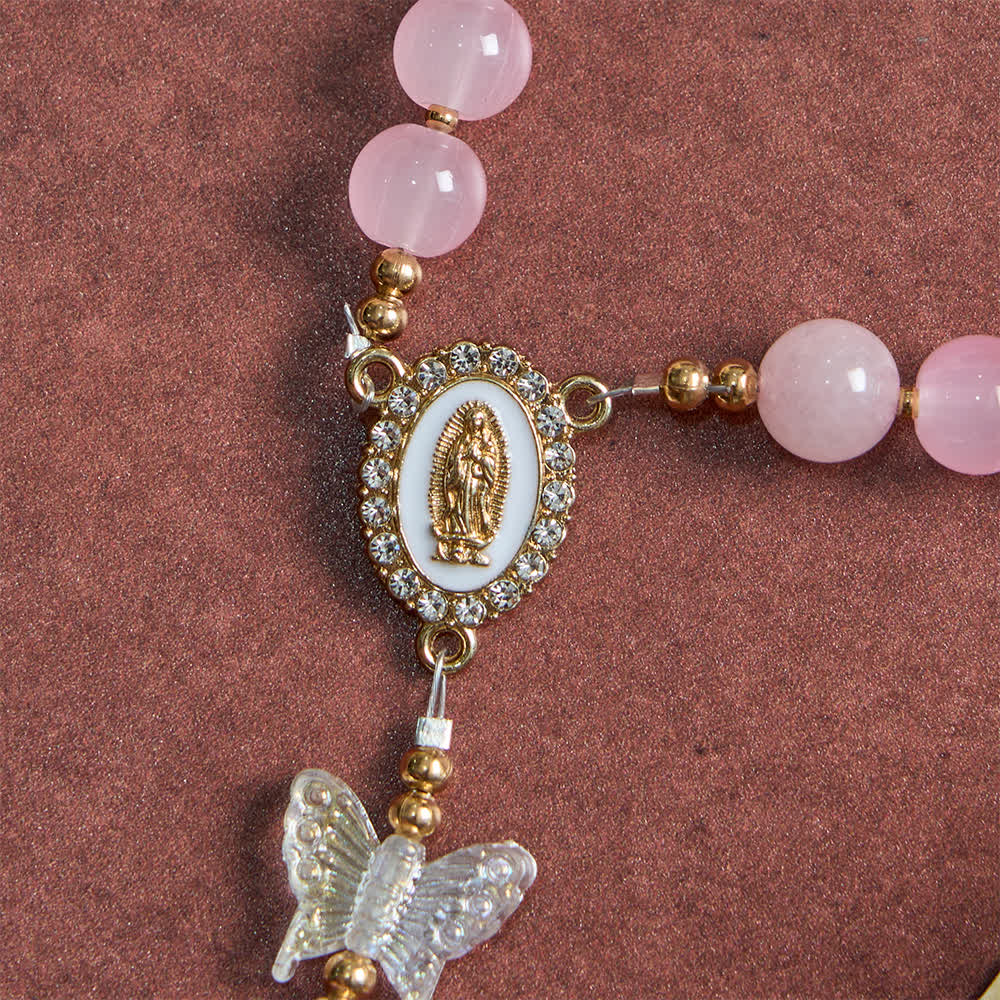 Christianartworkshop Soft Pink Glass Butterfly Rosary with Sparkling Our Lady & Cross - image 6