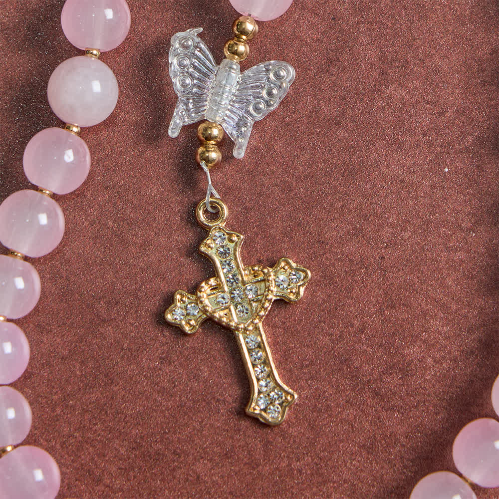 Christianartworkshop Soft Pink Glass Butterfly Rosary with Sparkling Our Lady & Cross - image 5