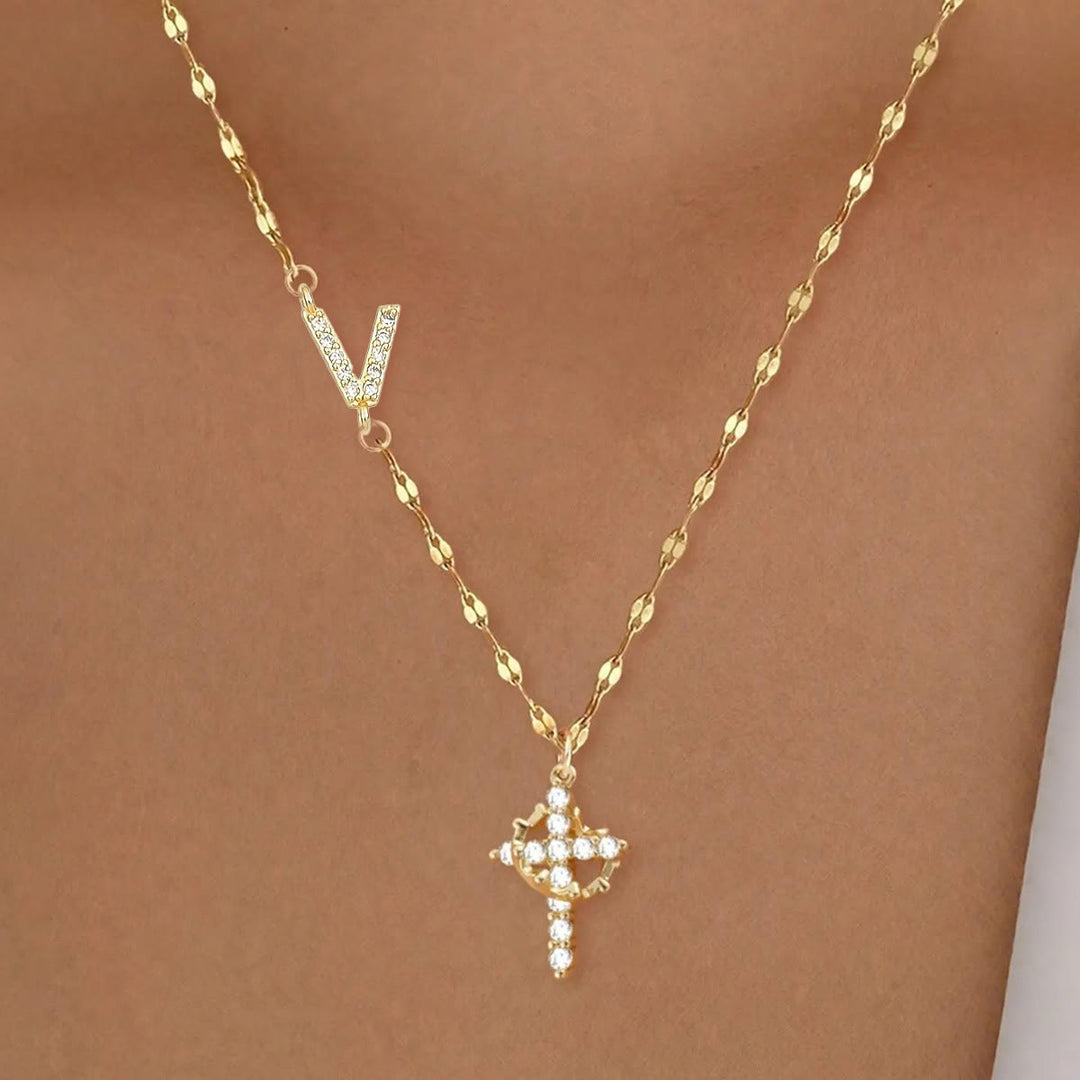 Christianartworkshop Personalized A-Z Initial Crown Cross Necklace: Custom Sacred Faith Monogram Pendant Jewelry - V - image 23