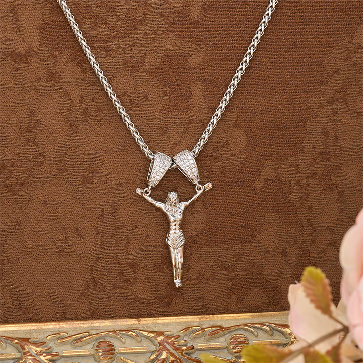 Christianartworkshop Zircon Embellished Moving Crucifix Necklace: Bold Statement Sacred Faith Wearable Art - Silver - image 0