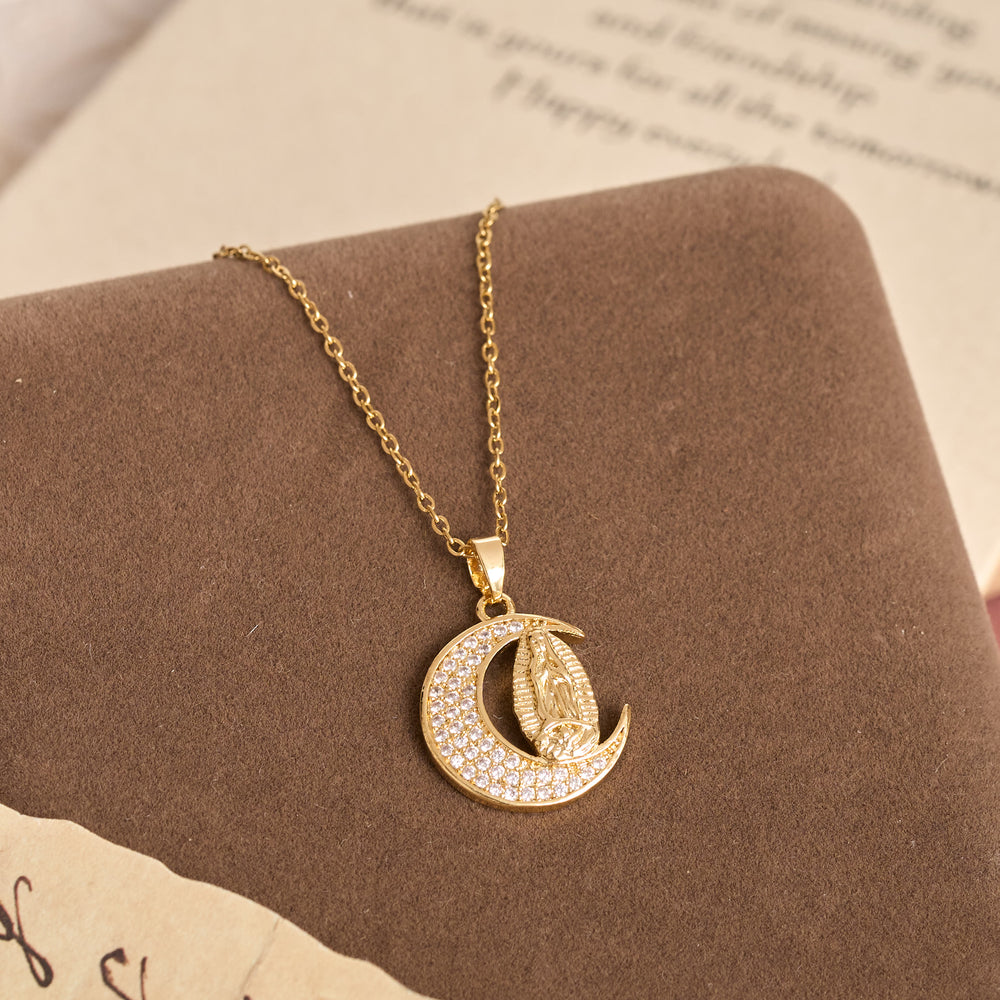 Christianartworkshop Crescent Moon Our Lady Zircon Necklace: Marian Grace Sacred Faith Pendant Jewelry - image 1