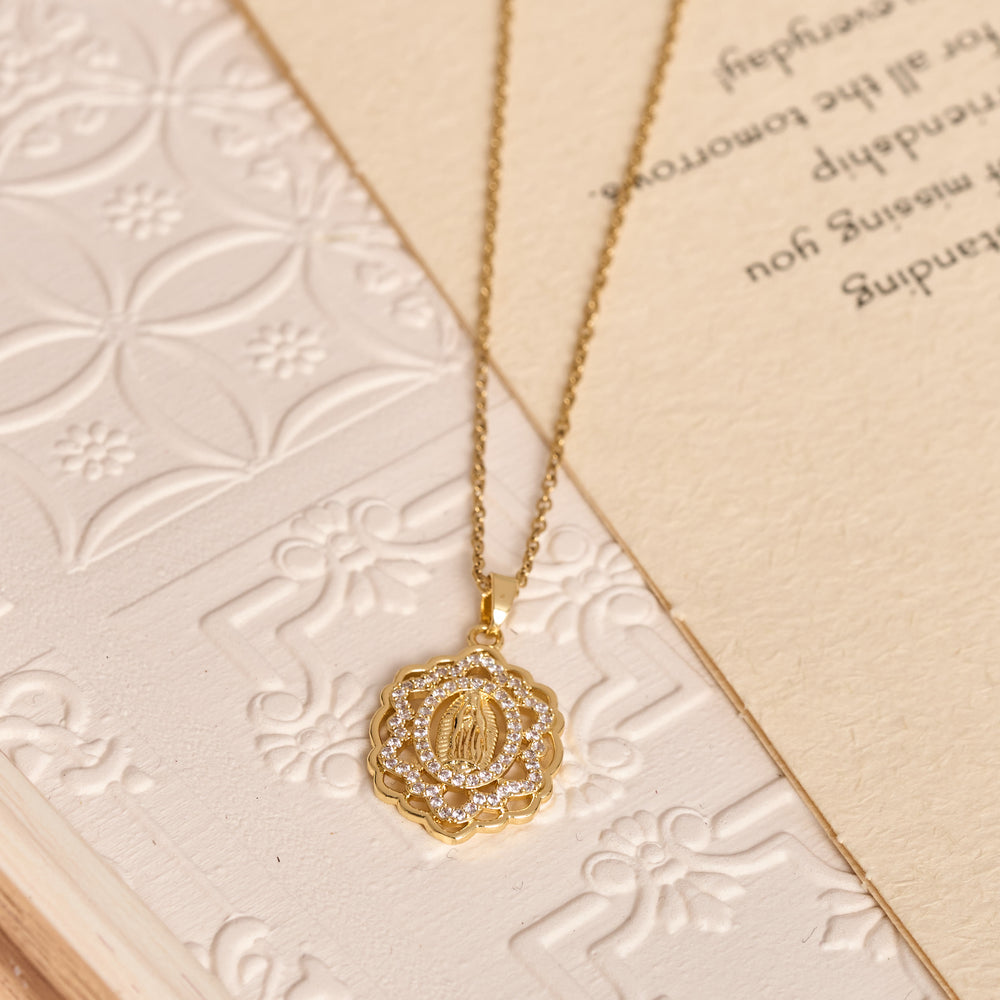 Christianartworkshop Ornate Lace-Edged Our Lady Zircon Necklace: Timeless Symbol Of Heavenly Maternal Protection - image 1