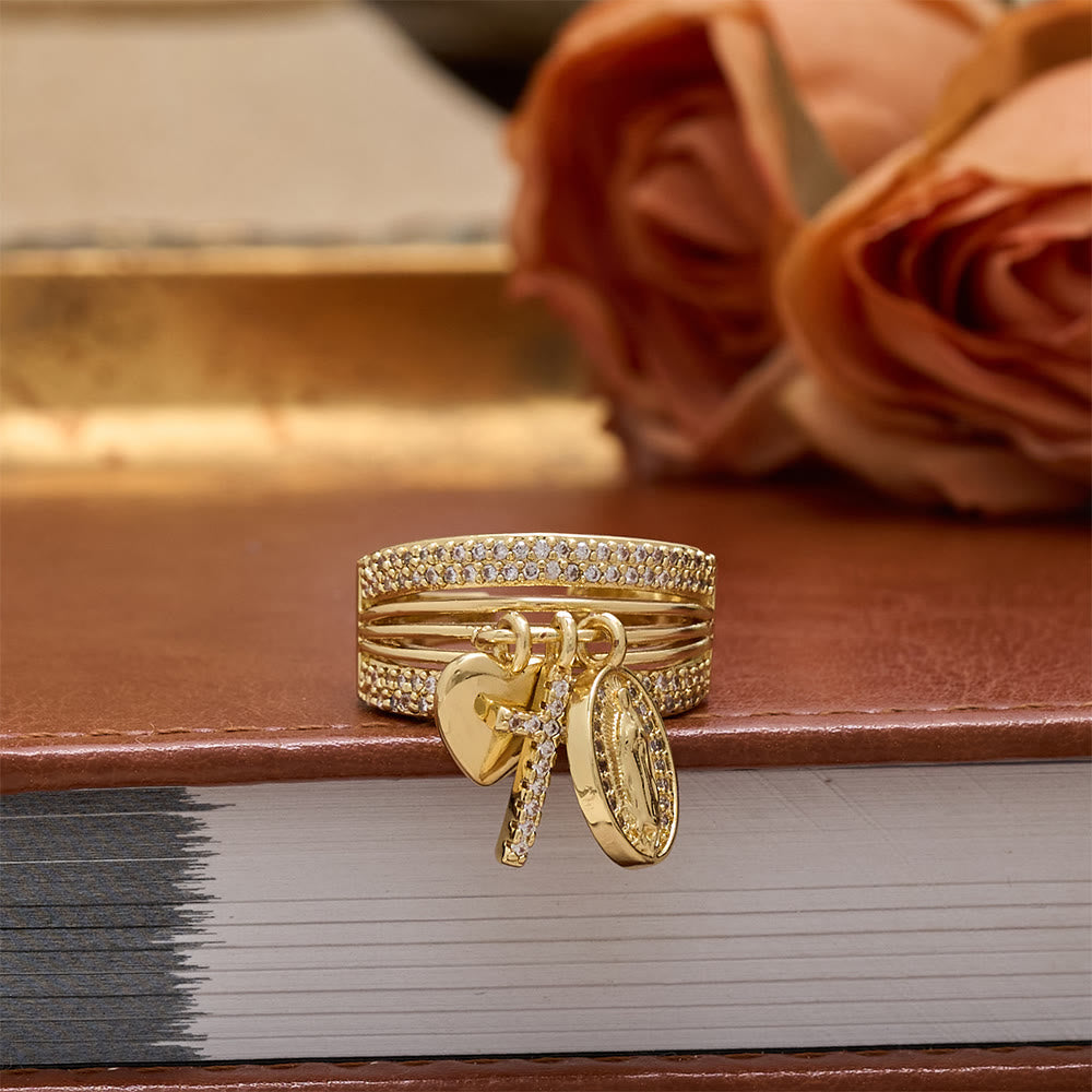 Christianartworkshop Zircon Virgin Mary Cross & Heart Charm Open Ring: A Symbol of Marian Grace and Sacred Love - image 6