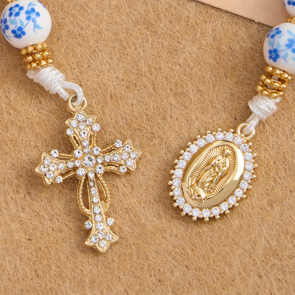 Christianartworkshop Blue Floral Porcelain Pocket Rosary with Elegant Our Lady & Cross - image 7