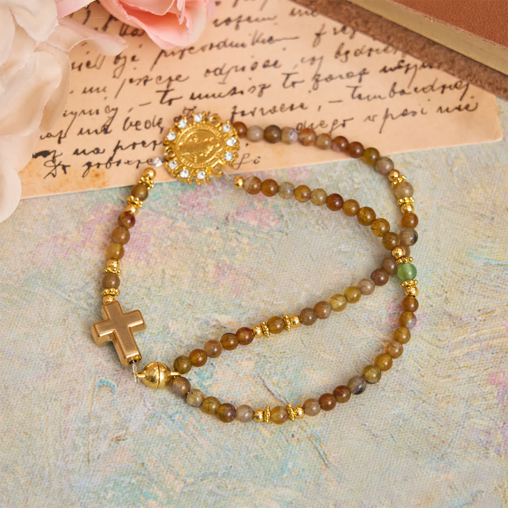 Christianartworkshop Peacock Agate Magnetic Rosary Bracelet with Golden St. Benedict - image 13