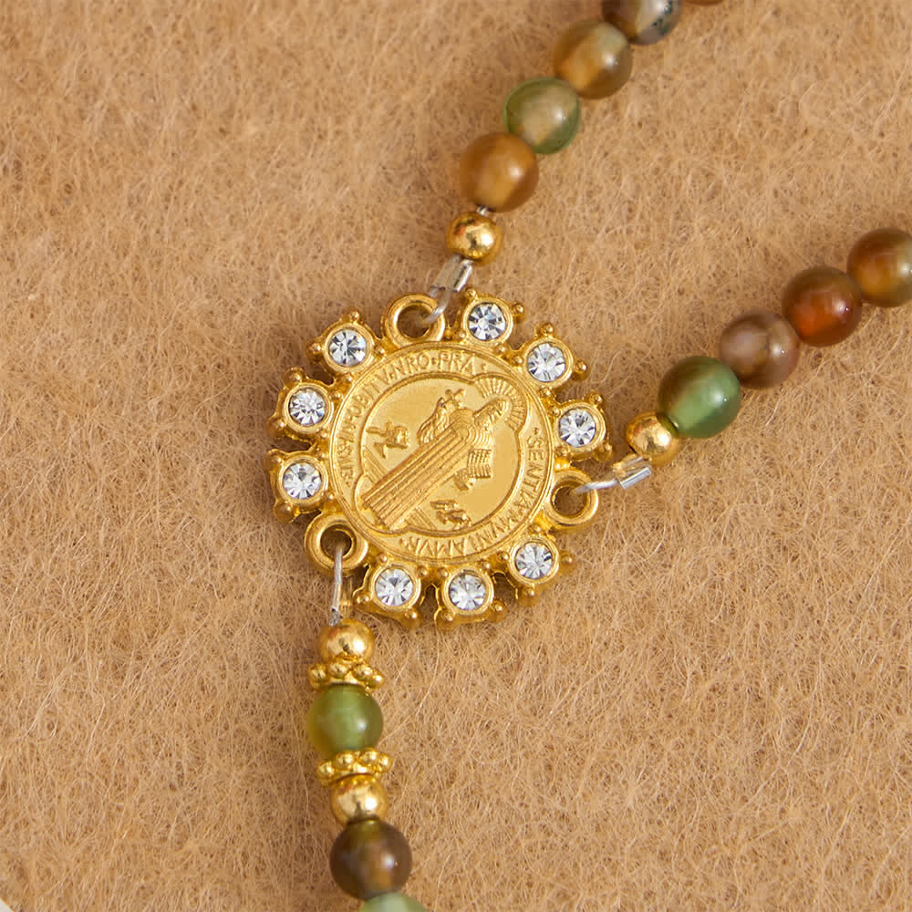 Christianartworkshop Peacock Agate Magnetic Rosary Bracelet with Golden St. Benedict - image 9