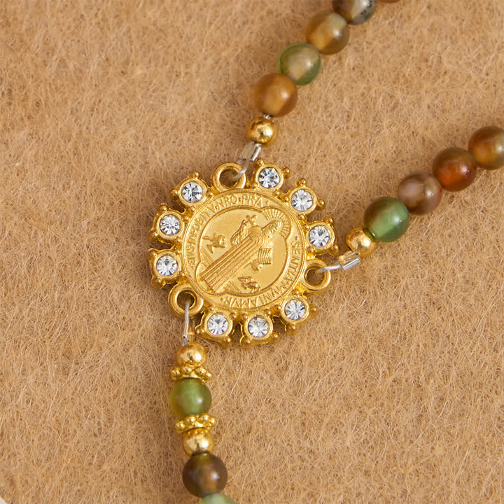 Christianartworkshop Peacock Agate Magnetic Rosary Bracelet with Golden St. Benedict - image 9