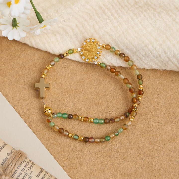 Christianartworkshop Peacock Agate Magnetic Rosary Bracelet with Golden St. Benedict - image 6