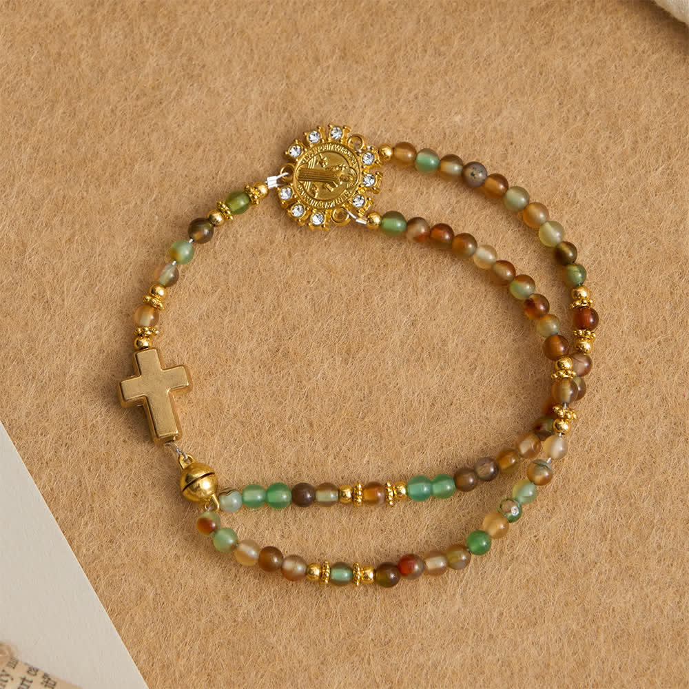 Christianartworkshop Peacock Agate Magnetic Rosary Bracelet with Golden St. Benedict - Peacock Agate(Wrist Circumference: 7.48"/19cm) - image 0