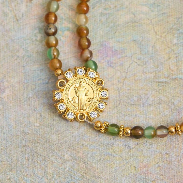 Christianartworkshop Peacock Agate Magnetic Rosary Bracelet with Golden St. Benedict - image 10