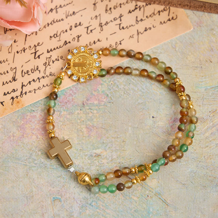 Christianartworkshop Peacock Agate Magnetic Rosary Bracelet with Golden St. Benedict - image 4
