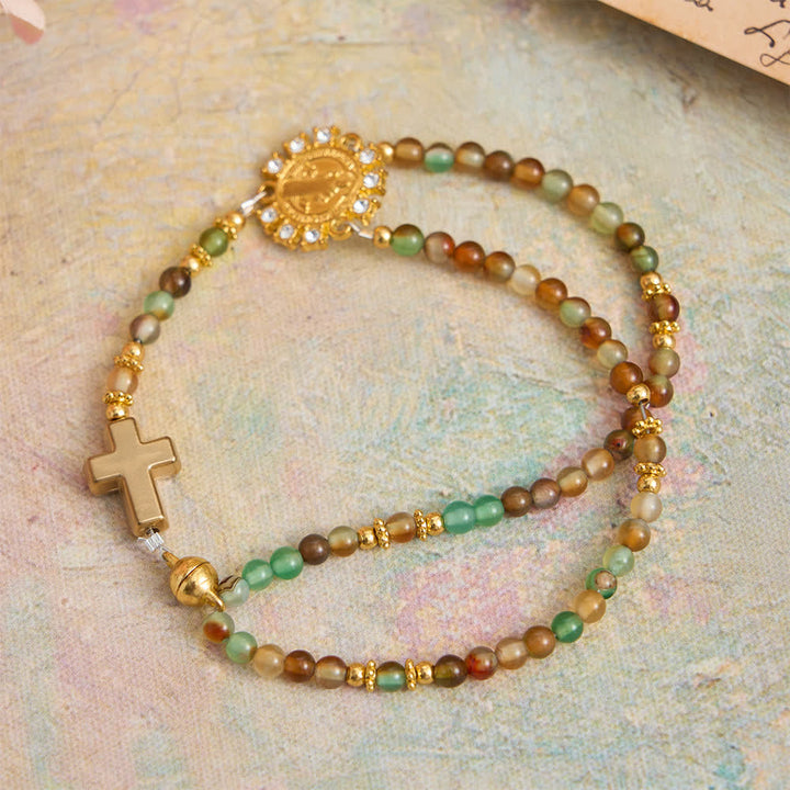 Christianartworkshop Dragon Vein Agate Magnetic Rosary Bracelet with Golden St. Benedict - Peacock Agate(Wrist Circumference: 7.48"/19cm) - image 2