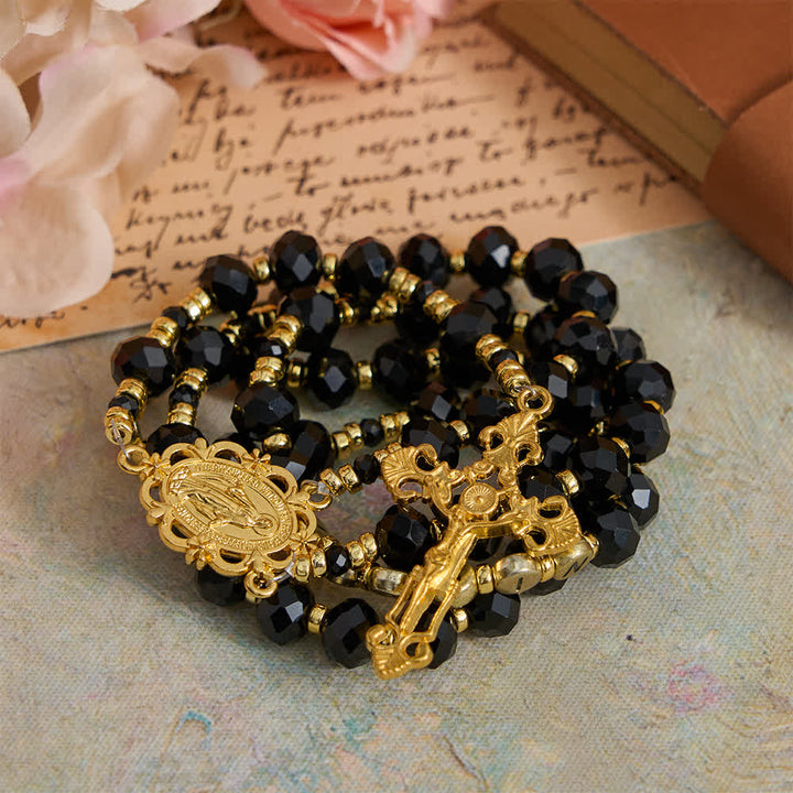 Christianartworkshop Black Faceted Glass Virgin Mary Rosary with Custom Name Letters for Mom - image 1