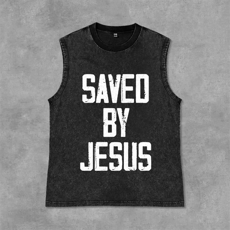 Christianartworkshop Saved By Jesus Unisex Washed Tank Top - Black - 2XL - image 10