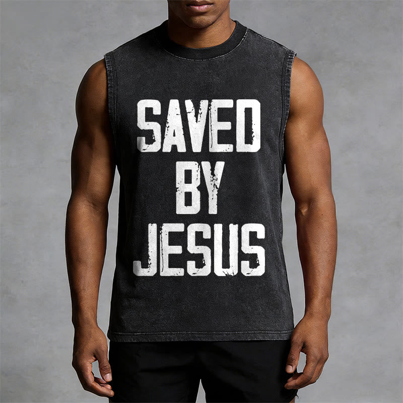 Christianartworkshop Saved By Jesus Unisex Washed Tank Top - image 11