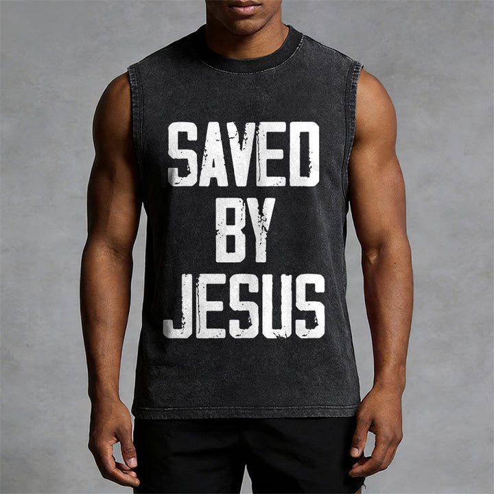 Christianartworkshop Saved By Jesus Unisex Washed Tank Top - image 11