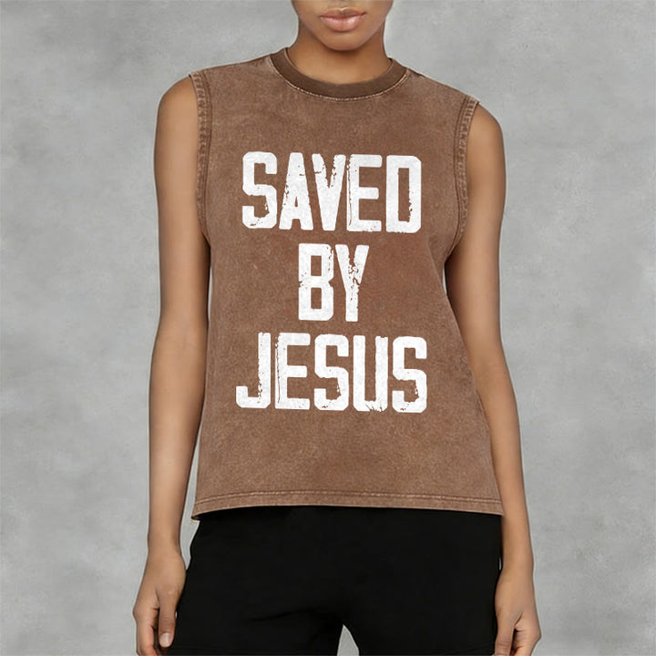 Christianartworkshop Saved By Jesus Unisex Washed Tank Top - image 3