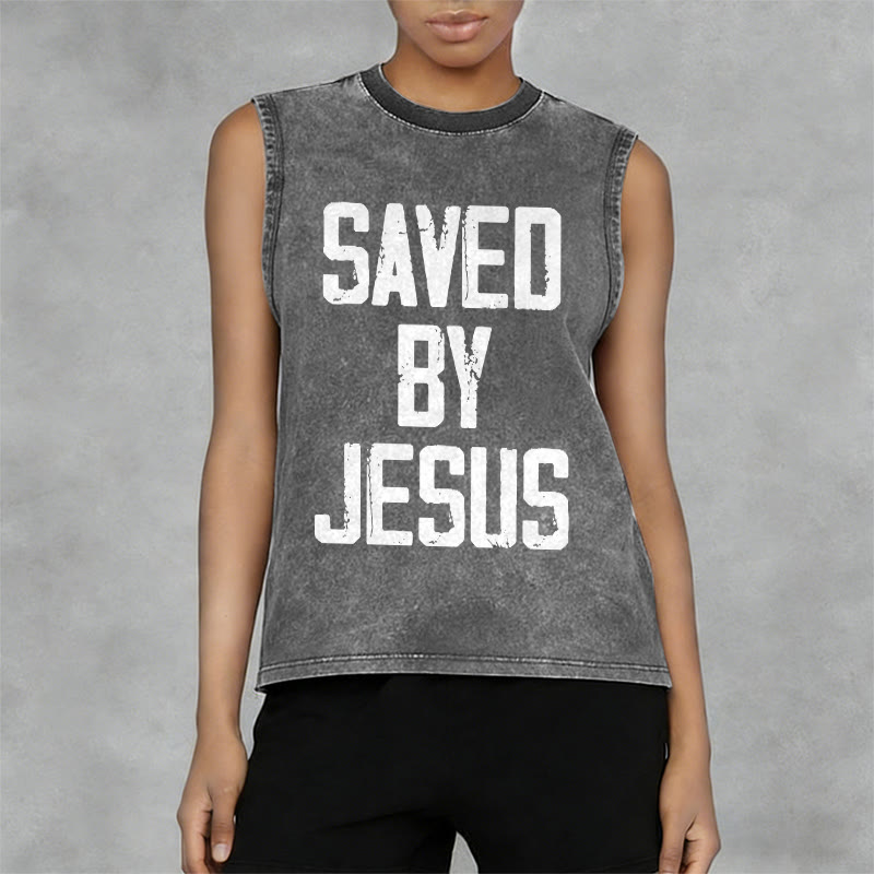Christianartworkshop Saved By Jesus Unisex Washed Tank Top - image 6