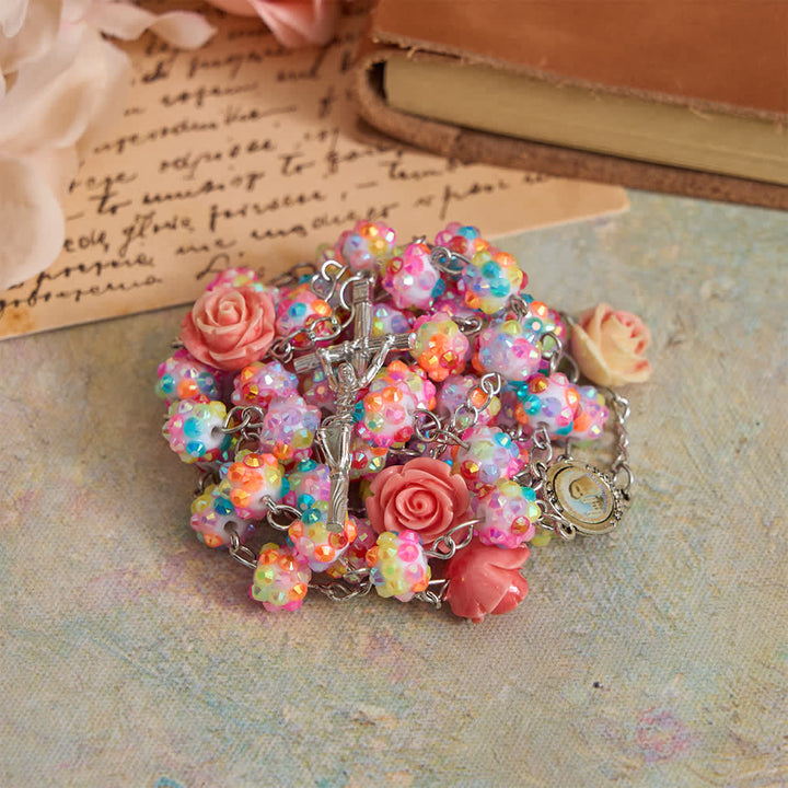 Christianartworkshop Easter Pink Rose & Sparkling Multicolor Diamond Beads Rosary with Divine Mercy - Divine Mercy & Crucifx - image 0