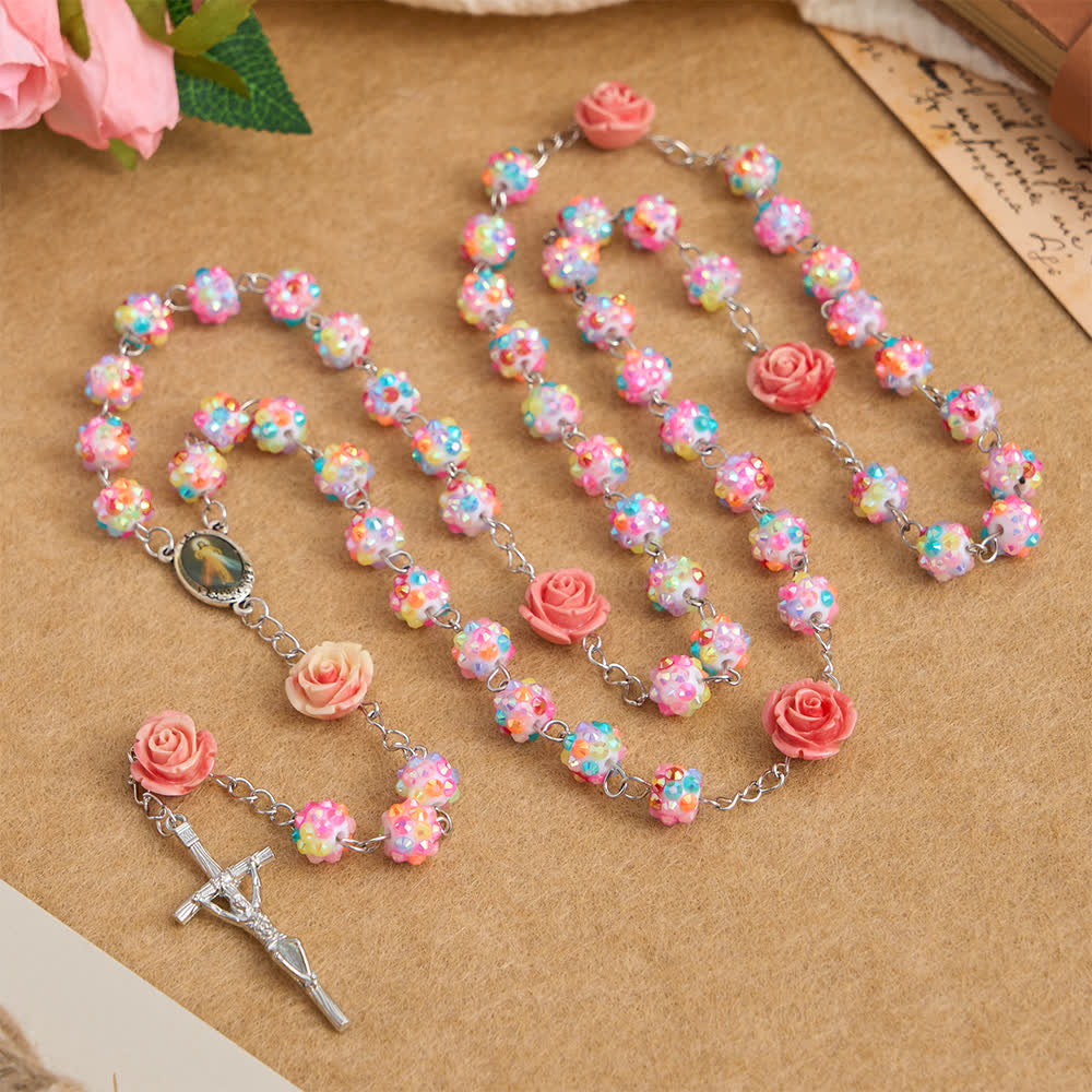 Christianartworkshop Easter Pink Rose & Sparkling Multicolor Diamond Beads Rosary with Divine Mercy - image 5