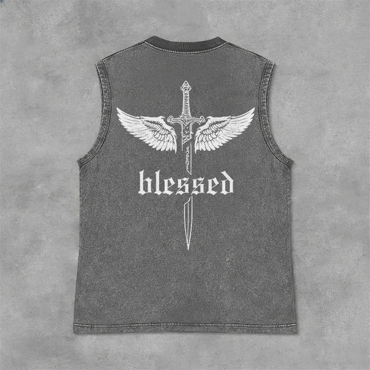 Christianartworkshop Blessed Sword Wings Unisex Washed Tank Top - Grey - 2XL - image 9