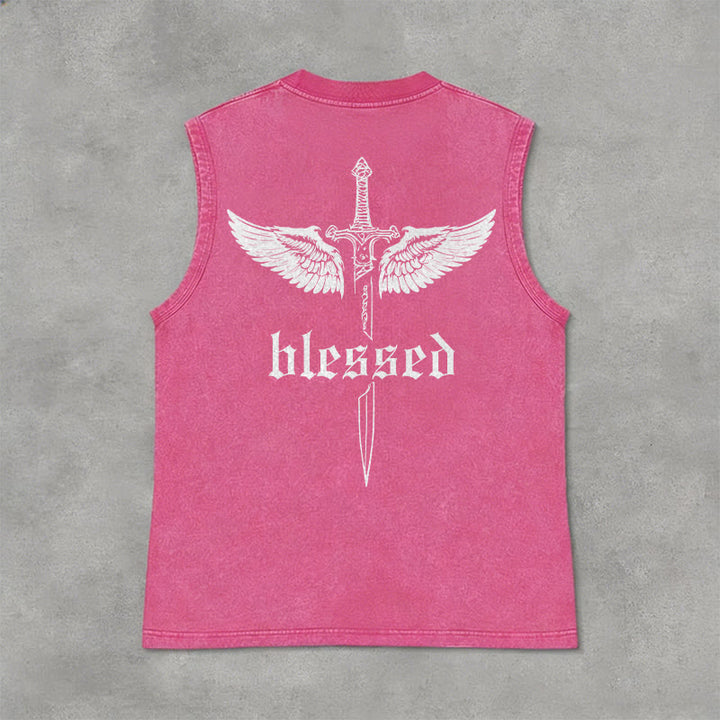 Christianartworkshop Blessed Sword Wings Unisex Washed Tank Top - Pink - 2XL - image 12