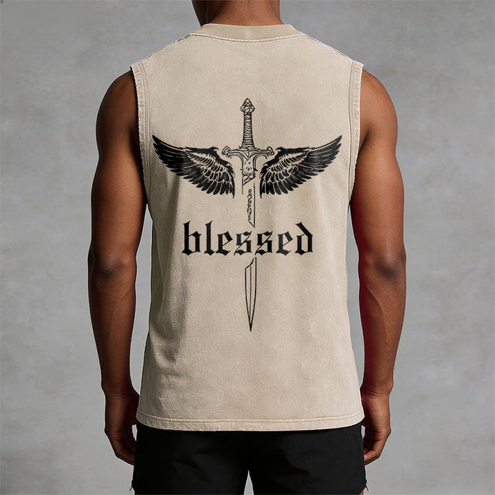 Christianartworkshop Blessed Sword Wings Unisex Washed Tank Top - image 4