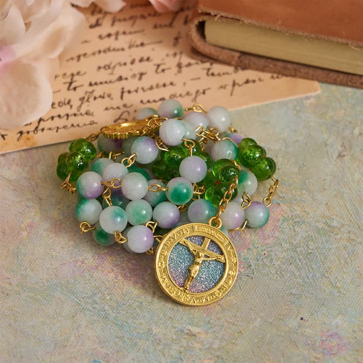Christianartworkshop Violet Chalcedony Beads with Green Flower St. Benedict Rosary with Sparkling Crucifix - image 2