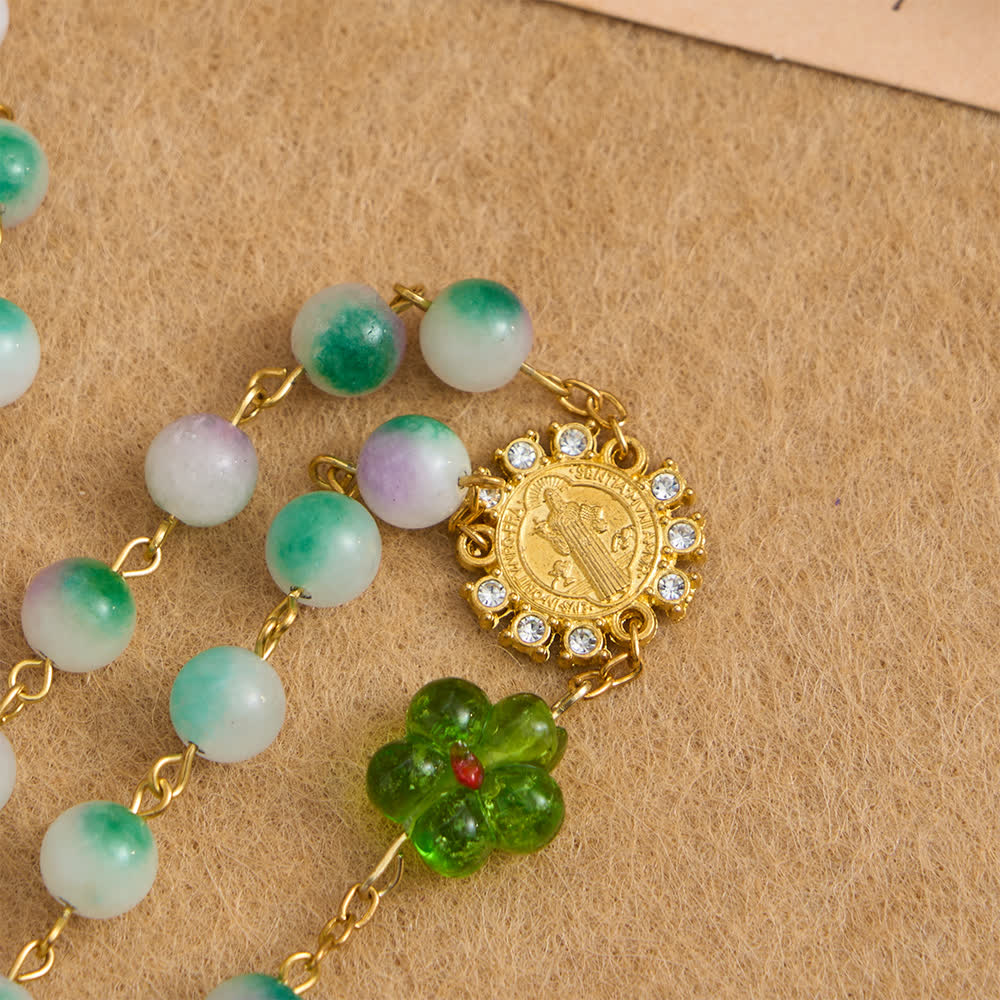 Christianartworkshop Violet Chalcedony Beads with Green Flower St. Benedict Rosary with Sparkling Crucifix - image 6