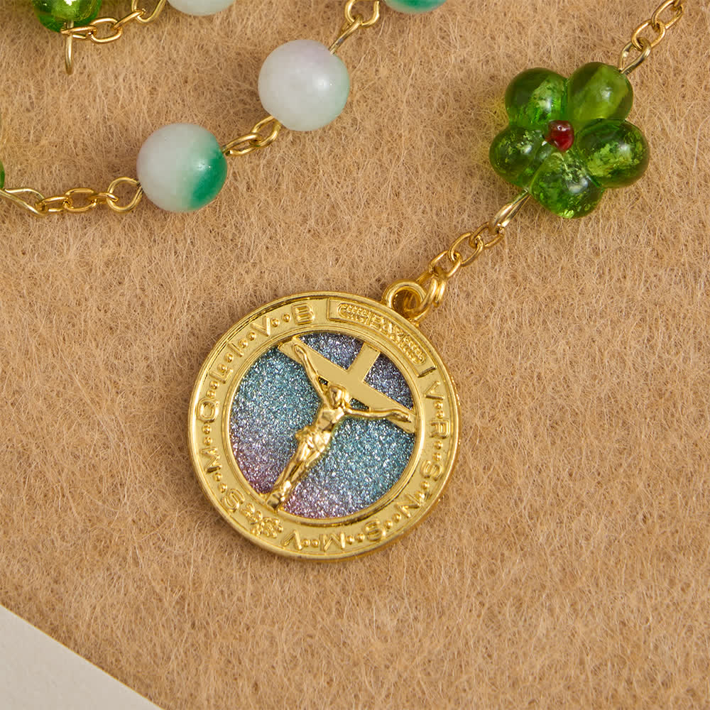 Christianartworkshop Violet Chalcedony Beads with Green Flower St. Benedict Rosary with Sparkling Crucifix - image 5