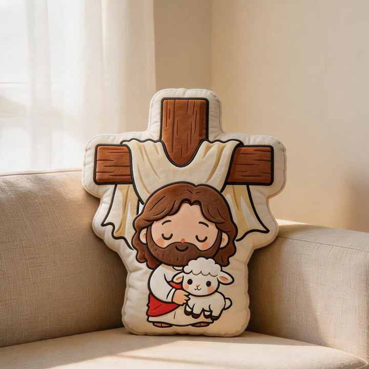 Christianartworkshop Cute Cross Shaped Jesus and Lamb Plush Pillow: Faith-Inspired Cozy Home Decor - 24" (60cm) - image 0