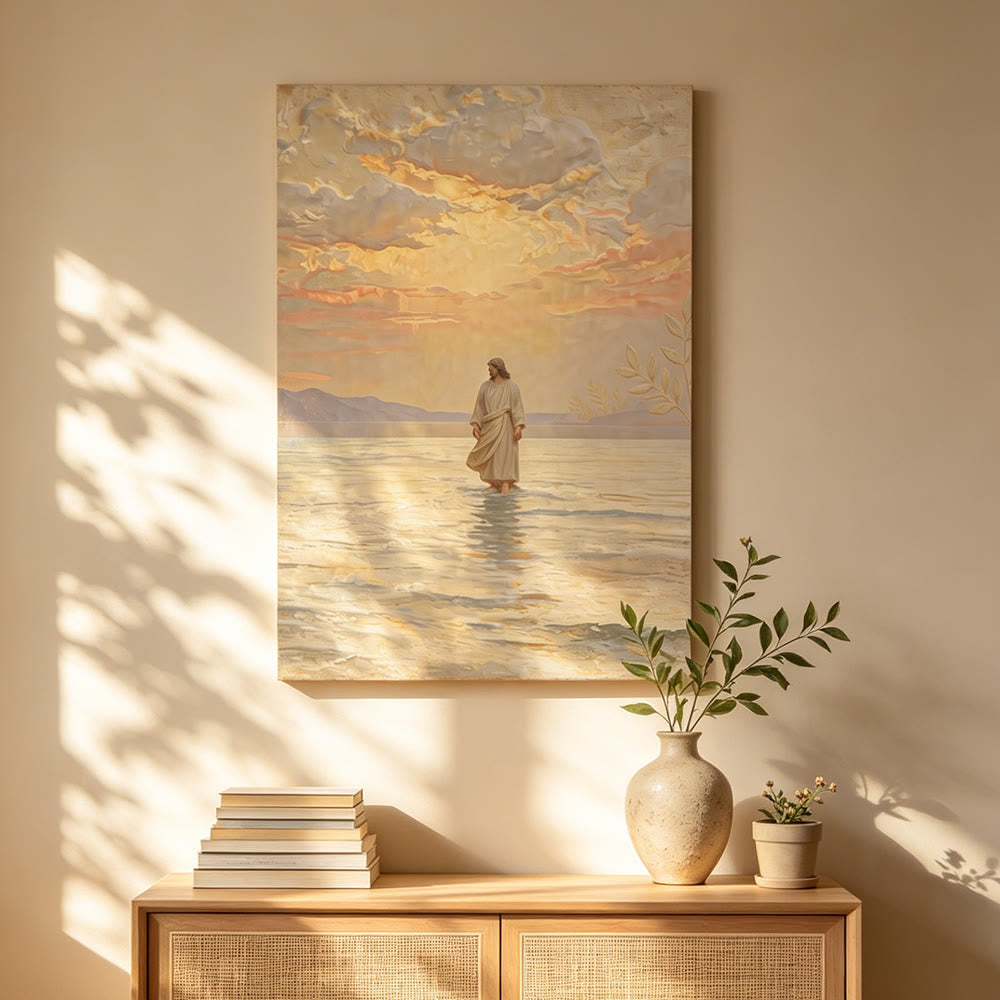 Christianartworkshop Warm Sunset Jesus on Water Print: A Daily Symbol of Hope and Overcoming the Impossible - image 1