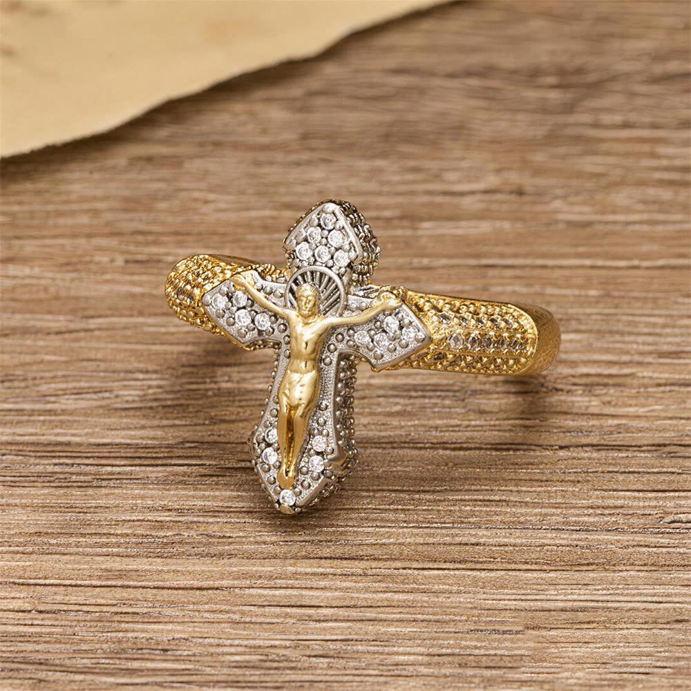 Christianartworkshop Two-Tone Zircon Pavé Crucifix Statement Ring: A Symbol of Timeless Redemptive Love - image 3