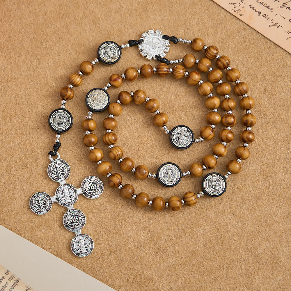 Christianartworkshop Natural Olivewood Rosary with St. Benedict Spacers and Oversized Filigree Cross - image 4