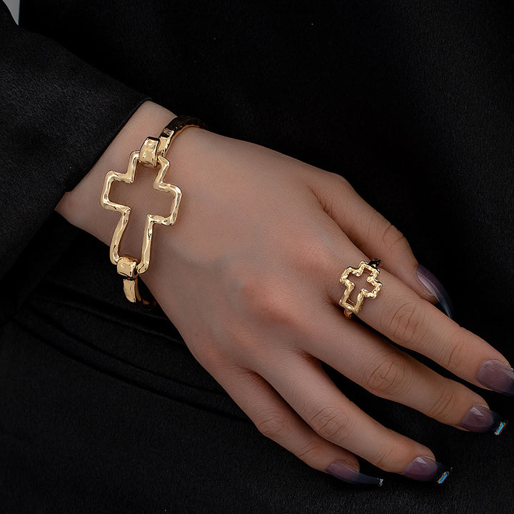 Christianartworkshop Hammered Cross Bangle & Ring Set: A Symbol of Faith and Refined Simplicity - Golden Set - image 0