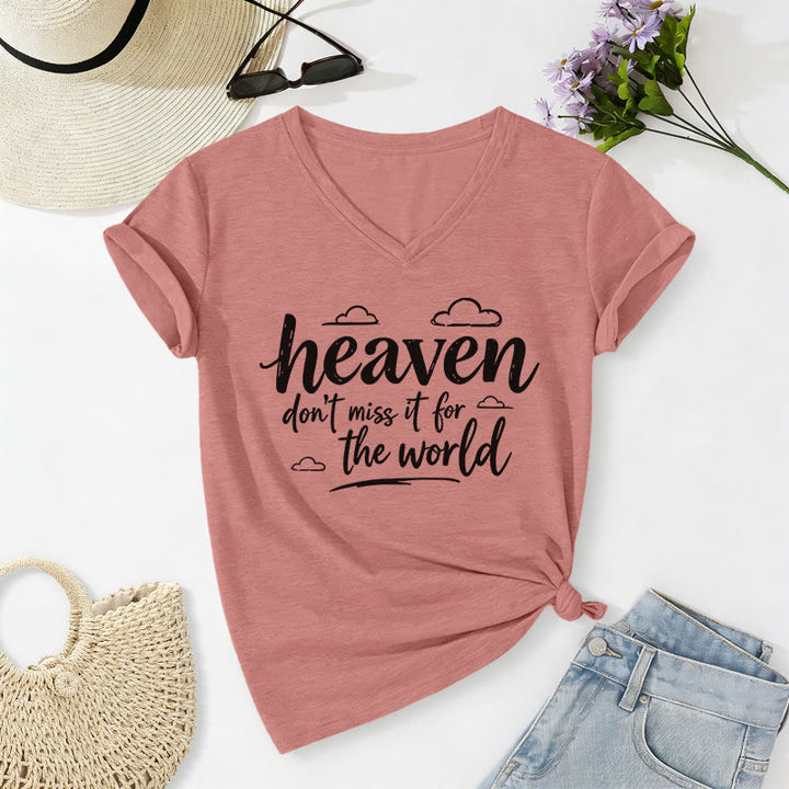 Christianartworkshop Heaven Don't Miss It For The World Inspirational Cloud Print Casual V-neck T-shirt - Light Pink - 2XL - image 10