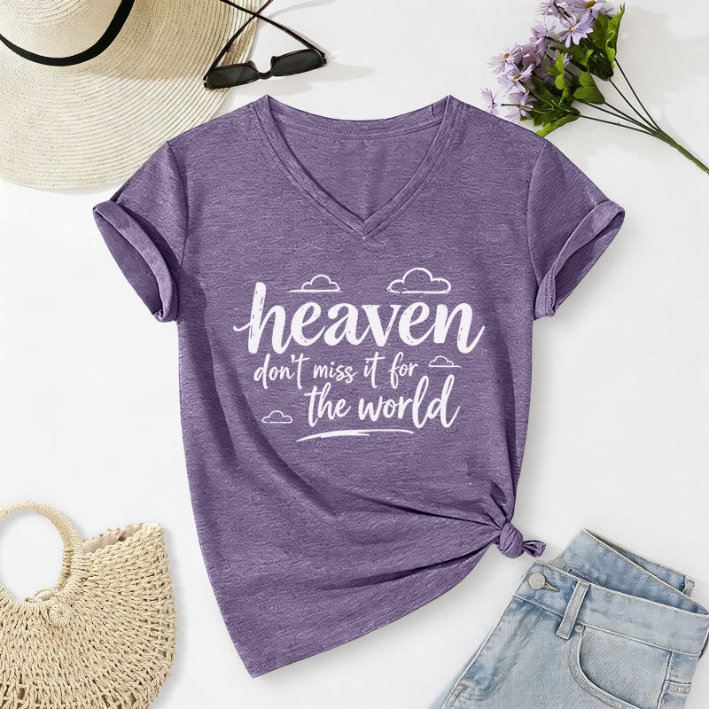 Christianartworkshop Heaven Don't Miss It For The World Inspirational Cloud Print Casual V-neck T-shirt - Purple - 2XL - image 16