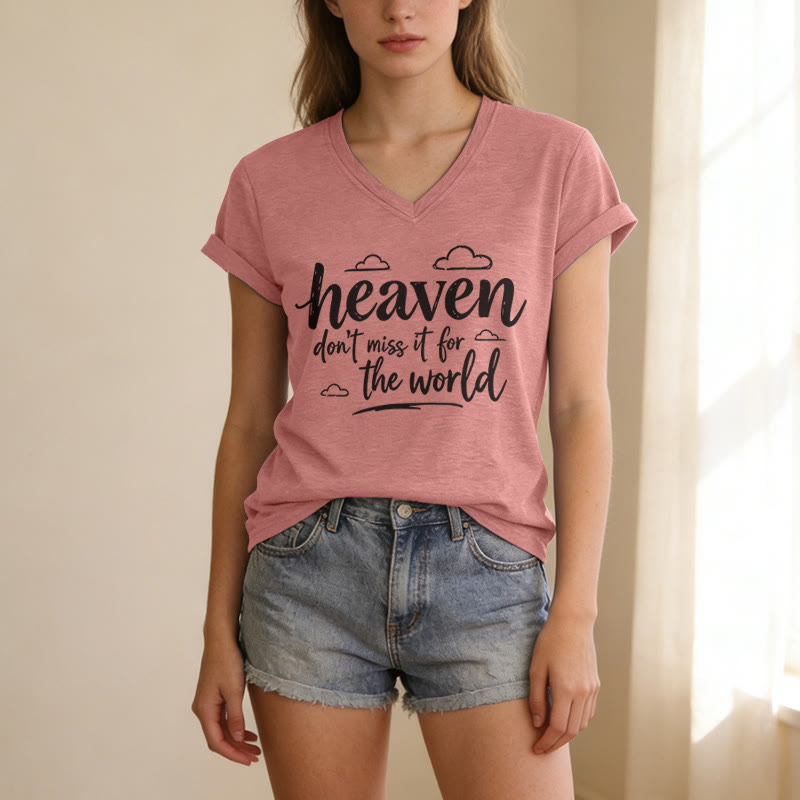 Christianartworkshop Heaven Don't Miss It For The World Inspirational Cloud Print Casual V-neck T-shirt - image 11