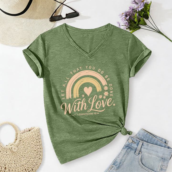 Christianartworkshop Bible Verse With Love Rainbow Floral Casual V-neck T-shirt - Olive Green - 2XL - image 8