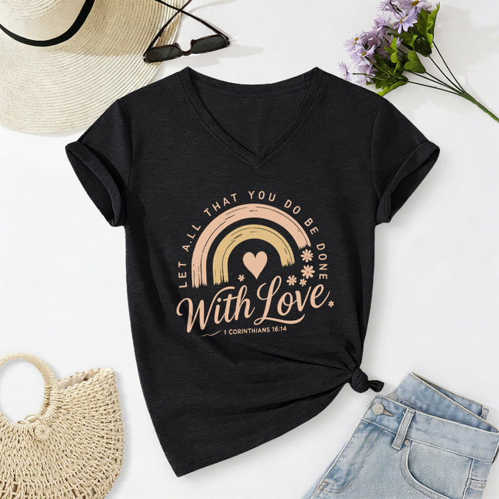 Christianartworkshop Bible Verse With Love Rainbow Floral Casual V-neck T-shirt - image 14