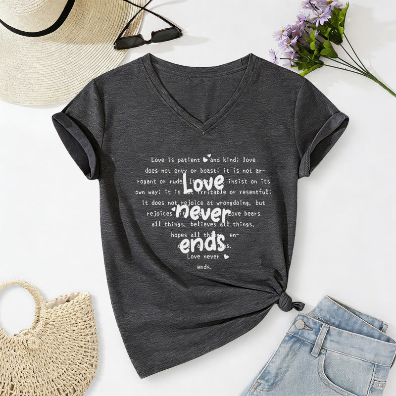 Christianartworkshop Love Never Ends Bible Verse Casual V-neck T-shirt - Dark Grey - 2XL - image 20