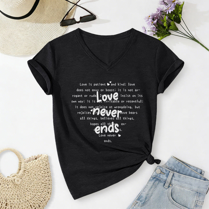 Christianartworkshop Love Never Ends Bible Verse Casual V-neck T-shirt - Black - 2XL - image 12