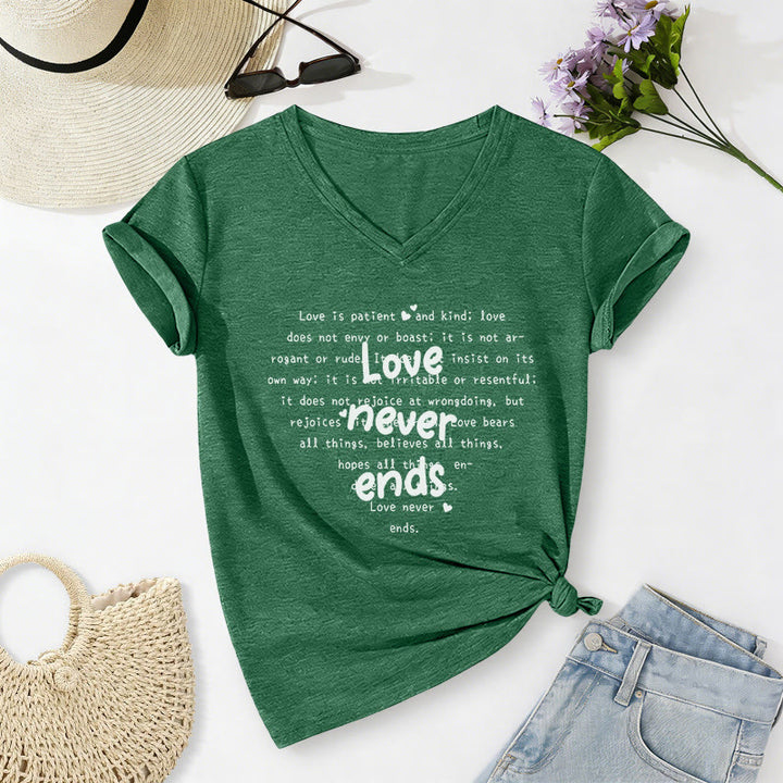 Christianartworkshop Love Never Ends Bible Verse Casual V-neck T-shirt - Dark Green - 2XL - image 14