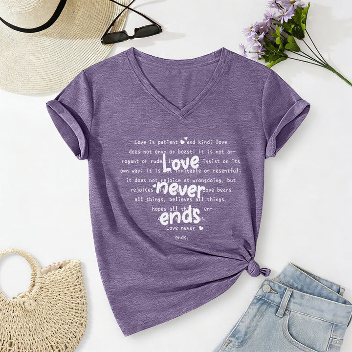 Christianartworkshop Love Never Ends Bible Verse Casual V-neck T-shirt - Purple - 2XL - image 16