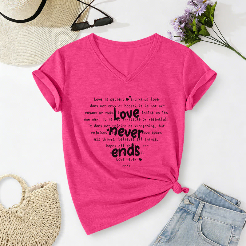 Christianartworkshop Love Never Ends Bible Verse Casual V-neck T-shirt - Rose - 2XL - image 24