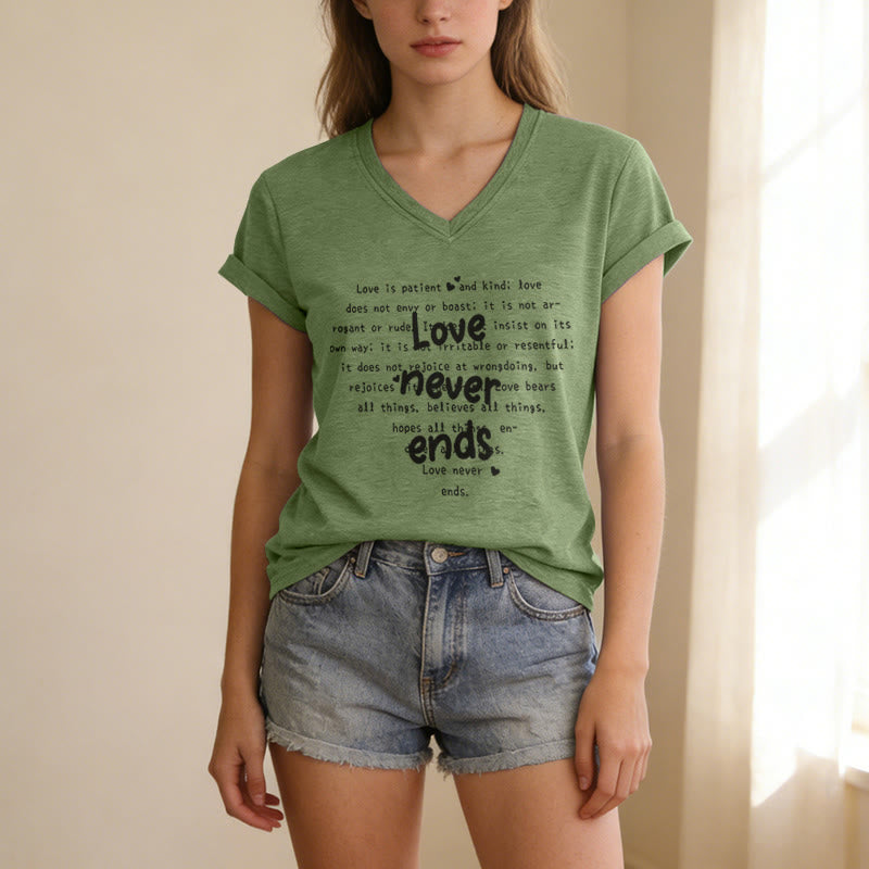 Christianartworkshop Love Never Ends Bible Verse Casual V-neck T-shirt - image 5