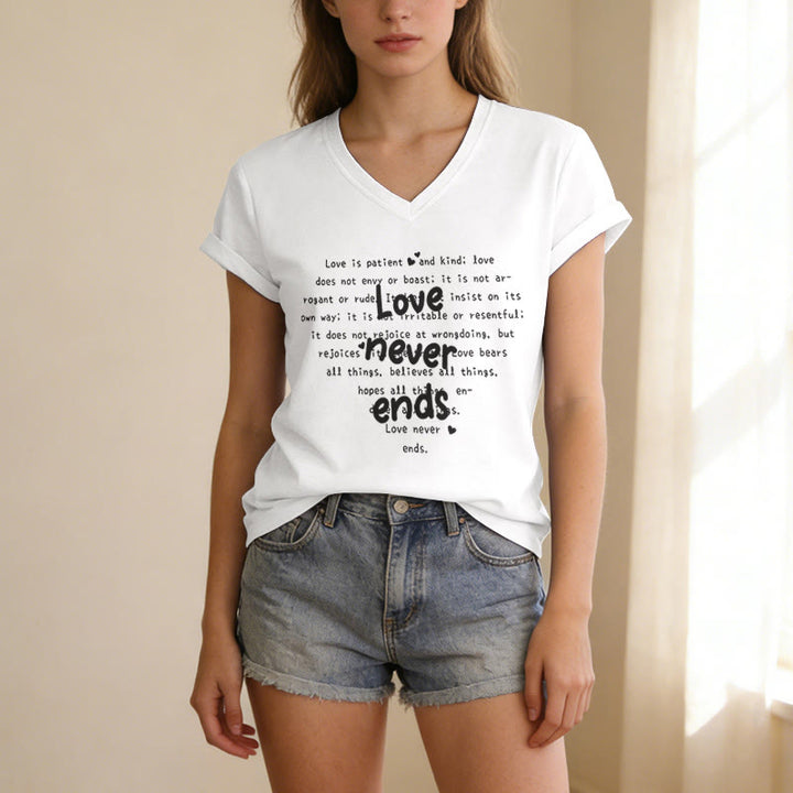Christianartworkshop Love Never Ends Bible Verse Casual V-neck T-shirt - image 7