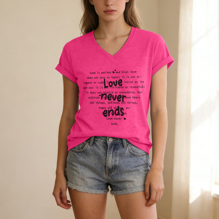 Christianartworkshop Love Never Ends Bible Verse Casual V-neck T-shirt - image 25